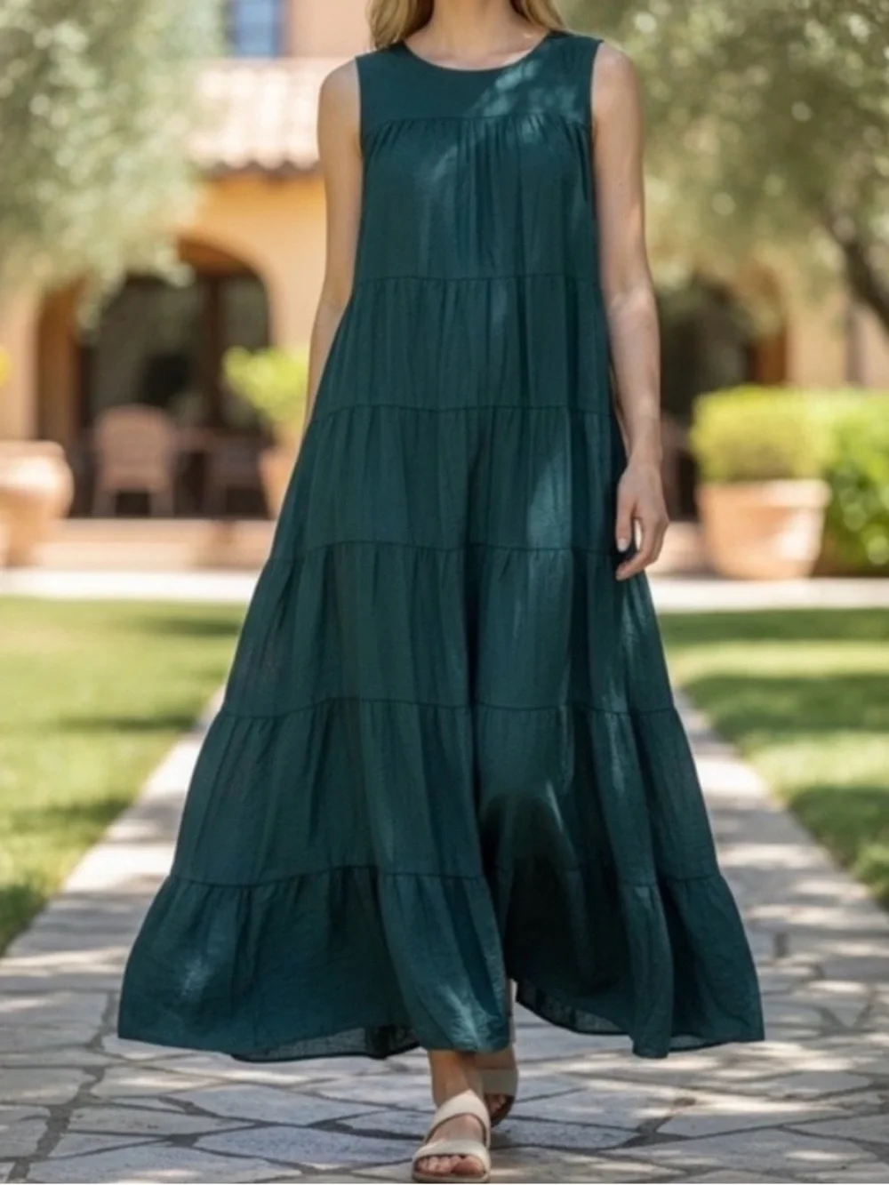 J. Jill Sleeveless Tiered Maxi Dress Escarole Sz 2XL lined, key hole button